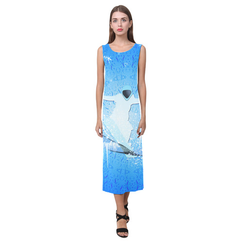 Snowboarder with snowflakes Phaedra Sleeveless Open Fork Long Dress (Model D08)