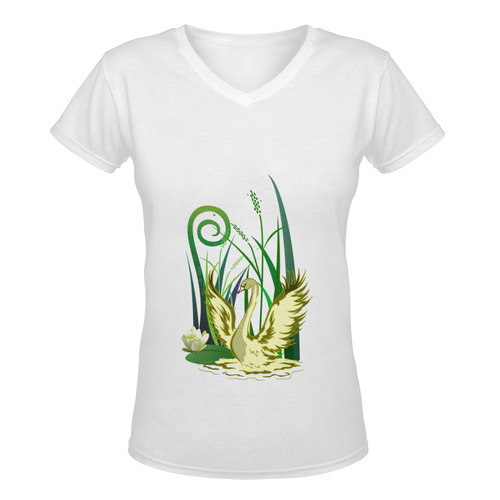 Lovely Swan  & Flower Lily in a Pond Women's Deep V-neck T-shirt (Model T19)