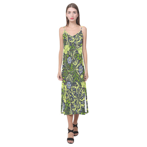 William Morris Seaweed Vintage Floral V-Neck Open Fork Long Dress(Model D18)