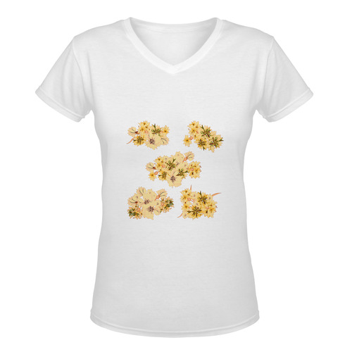 New arrival in shop. Designers t-shirt with hand-drawn floral art. Old yellow Women's Deep V-neck T-shirt (Model T19)
