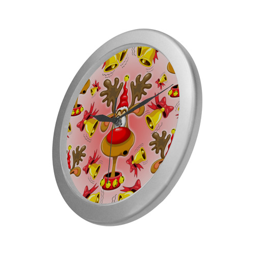 Reindeer Fun Christmas Cartoon with Bells Alarms Silver Color Wall Clock