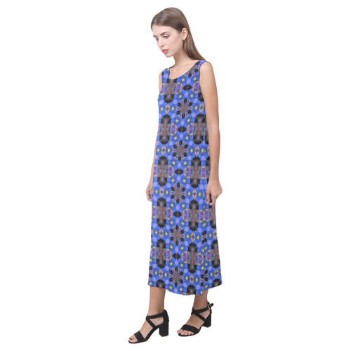 Blue and Black Geometric Phaedra Sleeveless Open Fork Long Dress (Model D08)