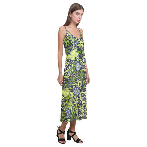 William Morris Seaweed Vintage Floral V-Neck Open Fork Long Dress(Model D18)
