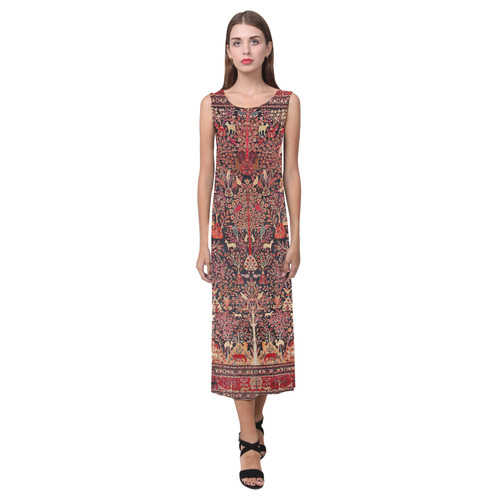 Vintage Persian Nature Animals Floral Rug Phaedra Sleeveless Open Fork Long Dress (Model D08)