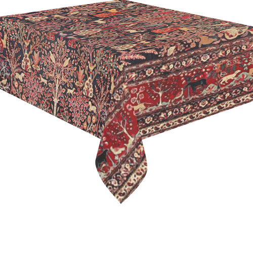 Vintage Persian Nature Animals Floral Rug Cotton Linen Tablecloth 52"x 70"