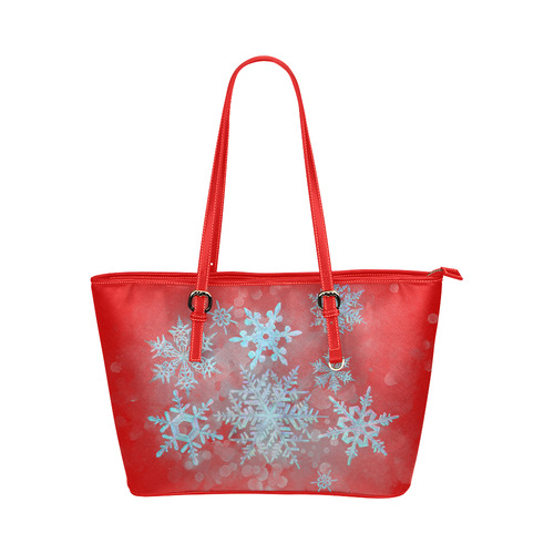 Snowflakes, snow, white and blue Leather Tote Bag/Small (Model 1651)