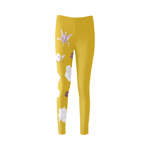 New arrival in Shop. Vintage designers leggings, yellow with hand-drawn floral art. Shop exclusive f Cassandra Women's Leggings (Model L01)