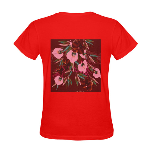 Red tropical designers T-Shirt with tropical hand-drawn Russia original Art. New arrival in Shop. Ch Sunny Women's T-shirt (Model T05)