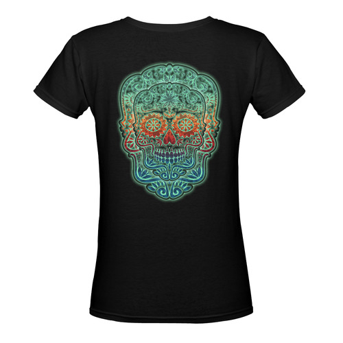 Día De Los Muertos DOUBLE SKULL Ornaments Grunge Women's Deep V-neck T-shirt (Model T19)