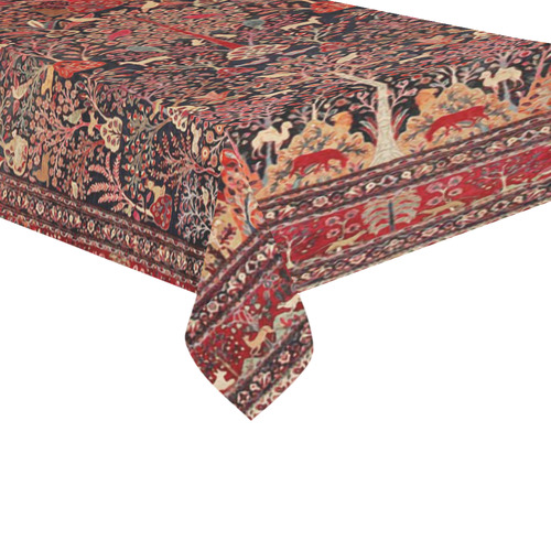 Vintage Persian Nature Animals Floral Rug Cotton Linen Tablecloth 60"x 104"