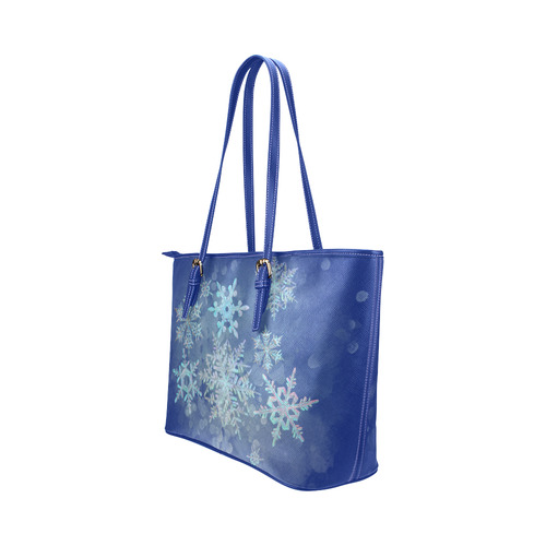 Snowflakes, snow, white and blue Leather Tote Bag/Small (Model 1651)