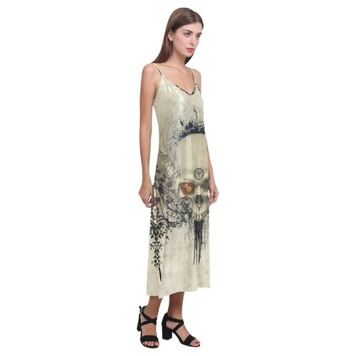 Amazing skull with wings,red eye V-Neck Open Fork Long Dress(Model D18)