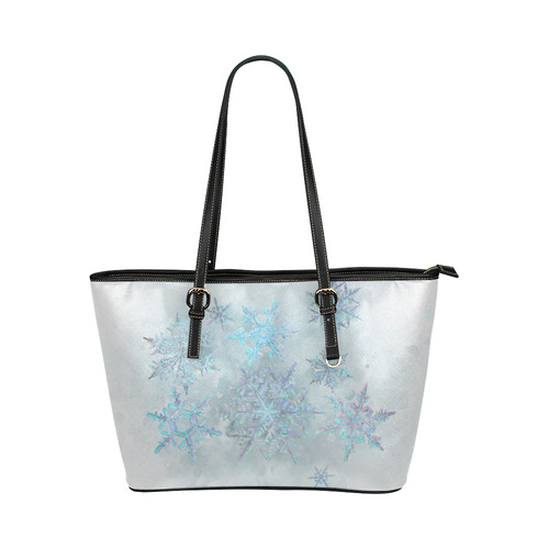 Snowflakes, snow, white and blue Leather Tote Bag/Small (Model 1651)