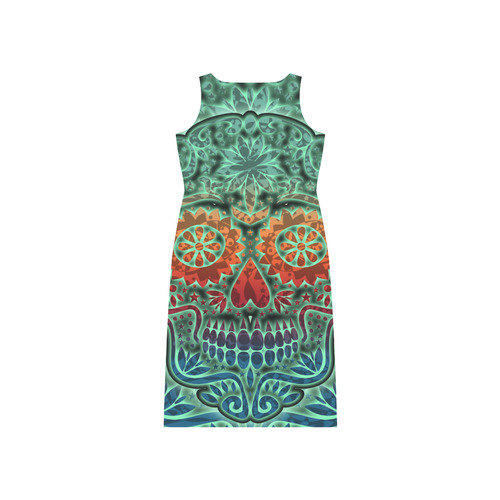 Día De Los Muertos DOUBLE SKULL Ornaments Grunge Phaedra Sleeveless Open Fork Long Dress (Model D08)