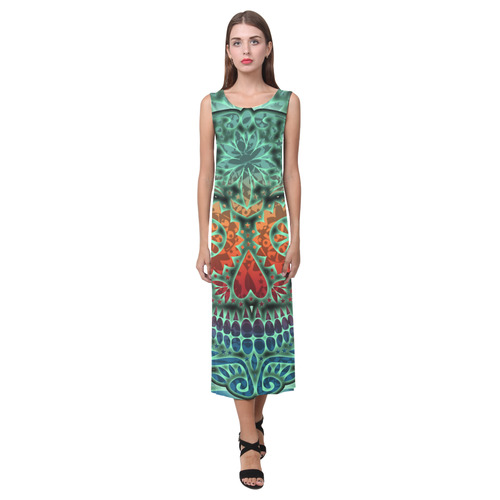 Día De Los Muertos DOUBLE SKULL Ornaments Grunge Phaedra Sleeveless Open Fork Long Dress (Model D08)