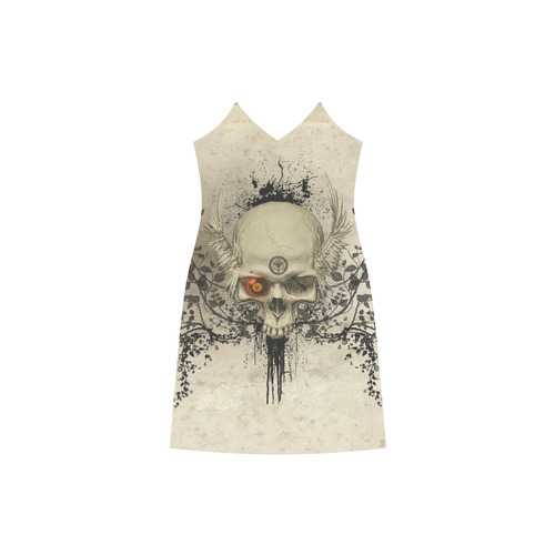 Amazing skull with wings,red eye V-Neck Open Fork Long Dress(Model D18)