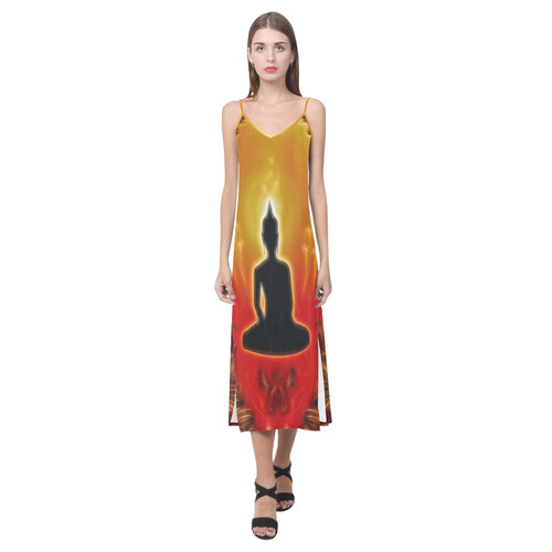 Buddha with light effect V-Neck Open Fork Long Dress(Model D18)