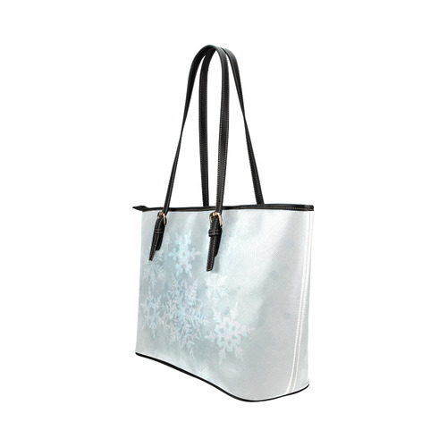 Snowflakes White and blue Leather Tote Bag/Small (Model 1651)