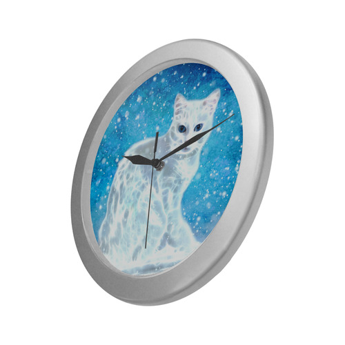Abstract cute white cat Silver Color Wall Clock