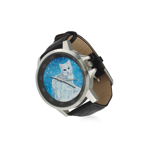 Abstract cute white cat Unisex Stainless Steel Leather Strap Watch(Model 202)
