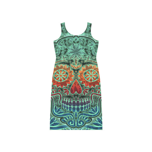 Día De Los Muertos DOUBLE SKULL Ornaments Grunge Phaedra Sleeveless Open Fork Long Dress (Model D08)