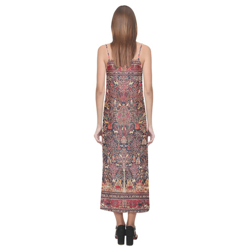 Vintage Persian Nature Animals Floral Rug V-Neck Open Fork Long Dress(Model D18)