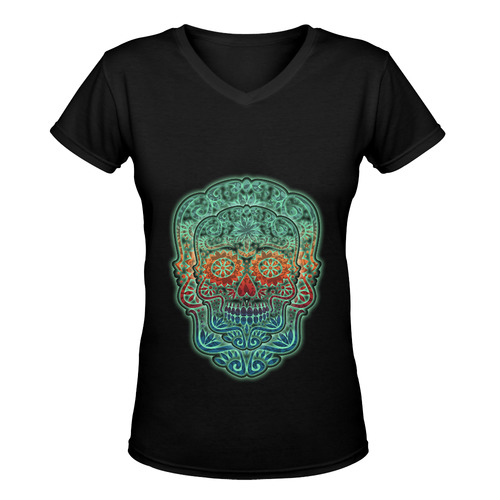 Día De Los Muertos DOUBLE SKULL Ornaments Grunge Women's Deep V-neck T-shirt (Model T19)