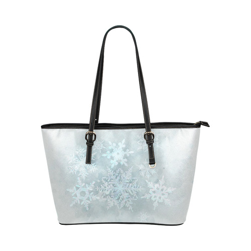 Snowflakes White and blue Leather Tote Bag/Small (Model 1651)