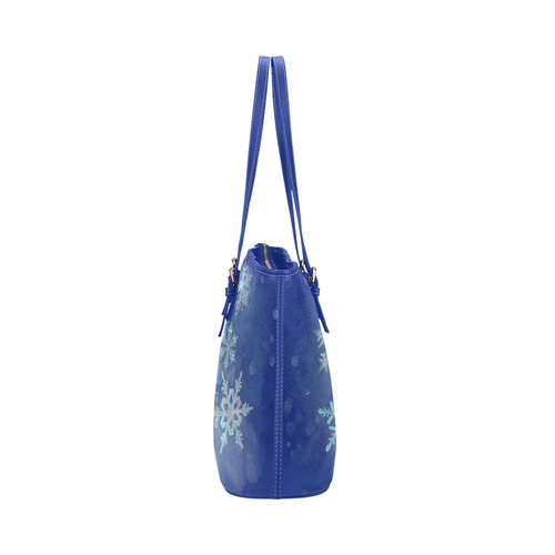 Snowflakes, snow, white and blue Leather Tote Bag/Small (Model 1651)