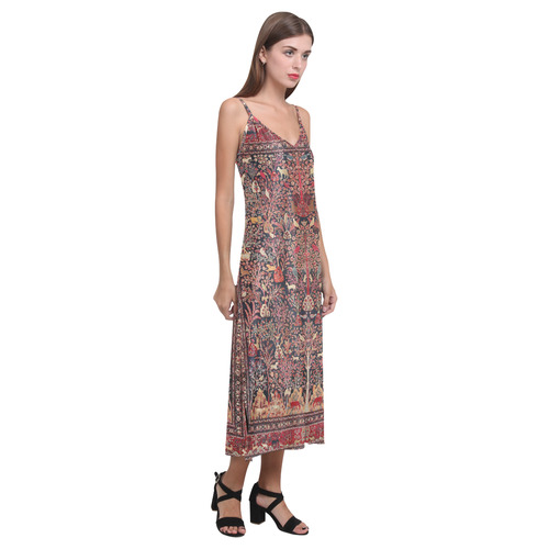 Vintage Persian Nature Animals Floral Rug V-Neck Open Fork Long Dress(Model D18)