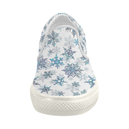 Snowflakes, Blue snow, stitched Women's Slip-on Canvas Shoes (Model 019)