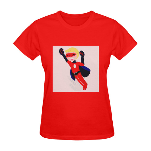 New red T-Shirt in shop. Super hero boy in 60s years. Vintage designers t-shirt edition Sunny Women's T-shirt (Model T05)