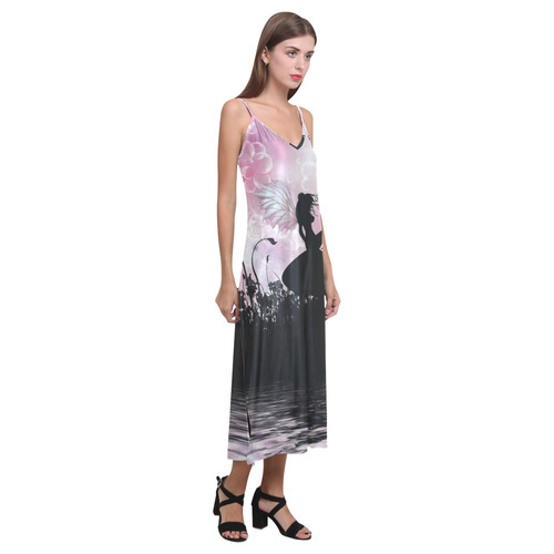 Pink Fairy Silhouette with bubbles V-Neck Open Fork Long Dress(Model D18)