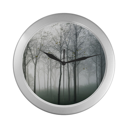 trees in fog Silver Color Wall Clock