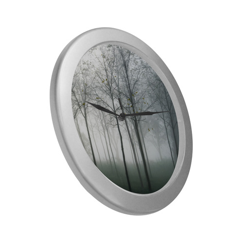 trees in fog Silver Color Wall Clock