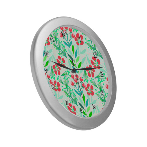 Vintage Holiday Flower Floral Pattern Silver Color Wall Clock