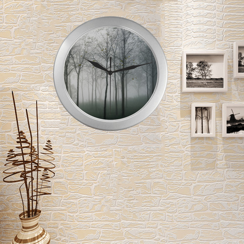 trees in fog Silver Color Wall Clock