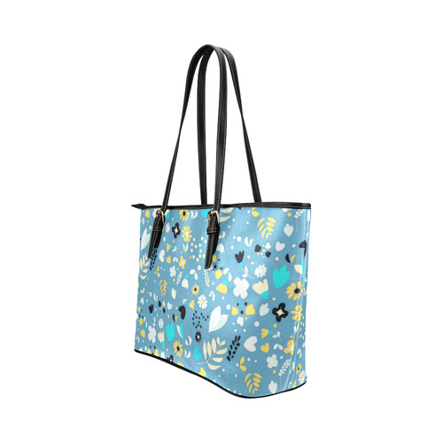 Cute Vintage Yellow Aqua Flowers Leather Tote Bag/Large (Model 1651)