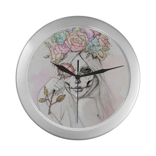 Boho Queen, skull girl, watercolor woman Silver Color Wall Clock