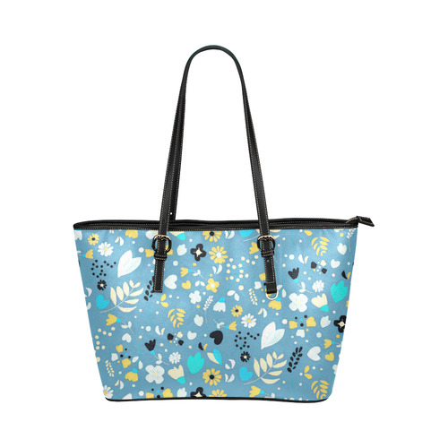 Cute Vintage Yellow Aqua Flowers Leather Tote Bag/Small (Model 1651)