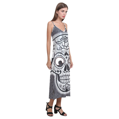 funny skull V-Neck Open Fork Long Dress(Model D18)