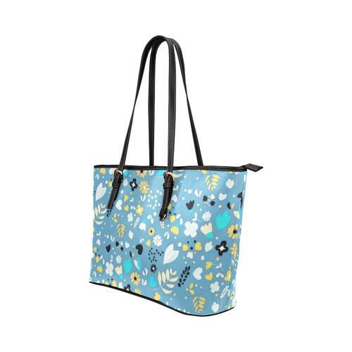 Cute Vintage Yellow Aqua Flowers Leather Tote Bag/Small (Model 1651)