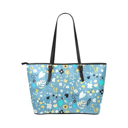 Cute Vintage Yellow Aqua Flowers Leather Tote Bag/Large (Model 1651)