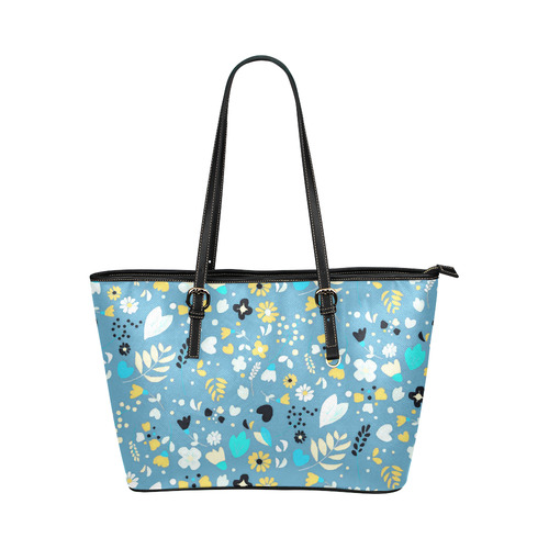 Cute Vintage Yellow Aqua Flowers Leather Tote Bag/Large (Model 1651)