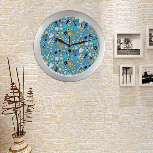 Cute Vintage Yellow Aqua Flowers Silver Color Wall Clock