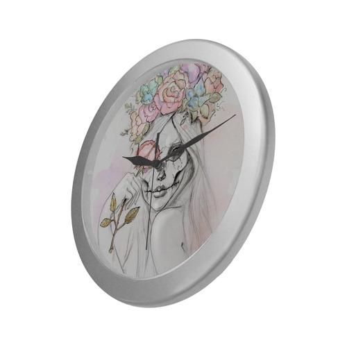 Boho Queen, skull girl, watercolor woman Silver Color Wall Clock