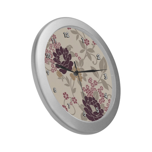 Beautiful Vintage Burgundy Floral Wallpaper Silver Color Wall Clock