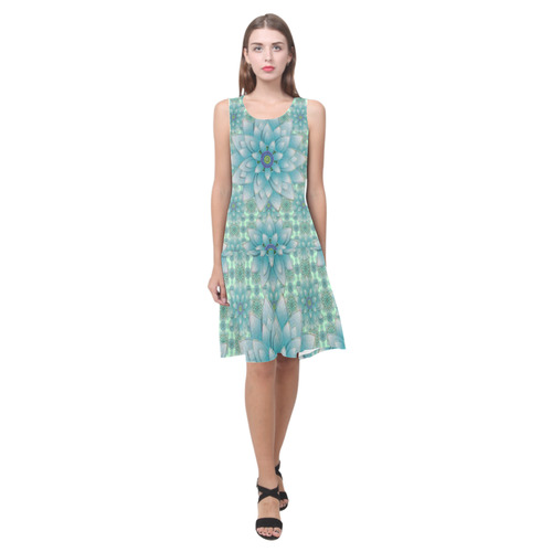 Turquoise Happy Lotus Sleeveless Splicing Shift Dress(Model D17)