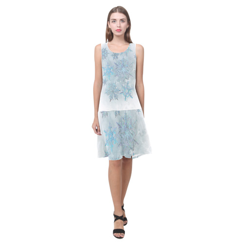 Snowflakes, snow, white and blue Sleeveless Splicing Shift Dress(Model D17)