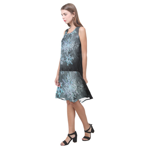 Snowflakes, snow, white and blue Sleeveless Splicing Shift Dress(Model D17)